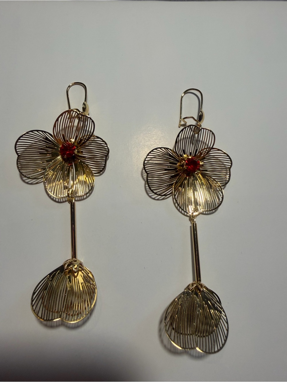 Gold Floral Drop Earrings with Red Crystal Center